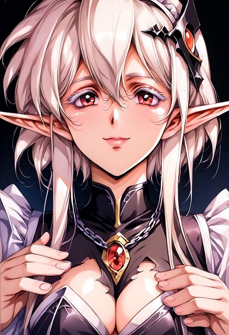 score_9, score_8_up, score_7_up, score_6_up, score_5_up, score_4_up, detailed, intricate details, source_anime, (1_girl, solo focus),  zerida-dark, 1girl, solo, short hair, sidelocks, breasts, parted lips, bangs, large breasts, hair ornament, red eyes, , White Eyelashes, , hair between eyes, , White Hair, , pointy ears, elf, Eyelashes, Colored Eyelashes, White colored eyelashes, Colored Eyebrows,  short hair with long locks, thighhighs, black thighhighs, gloves, elbow gloves, black gloves, dress, stomach cutout, pelvic curtain, navel, cleavage, strapless,, black dress, torn clothes, clothing cutout,navel cutout, white capelet, torn dress, chain, broken chain , , ,, , , lying on stomach, field, smile, wavy mouth, <lora:add-detail-xl:1.0> ,(((feminine bodies))),(((perfect anatomy))), (((correct arms))), (((correct hands))), detailed eyes、detailed face and detailed skin <lora:add-detail-xl:1.0>, upper body,fr0nt1nn0c3ntstyl3