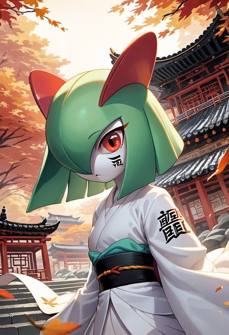 (((Kirlia))), female, anthro, pale white skin, score_9, score_8_up, score_7_up, detailed, Chinese ink art line, background, dynamic angle, volumetric lighting, godrays,perfection,perfect, 1girl, solo, Kirlia, 25 years old, perfect face, cute, petite, red eyes, white hair, short hair, messy hair, crossed bangs, hair between eye, pointy ears, (white skin:1.2), (oni:1.2), white oni, facial tattoo, kimono, tattoos, Japanese architecture, temple, autumn, full shot, source_anime, rating_safe, Sinoink
