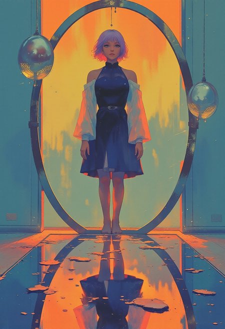 (highly detailed, digital drawing, surreal and dreamlike) A woman with pale skin and short lavender hair stands motionless in a reflective puddle, dressed in a flowing cobalt blue dress with wide sleeves and a high collar. Her face is turned away, hidden from view, but her reflection in the puddle reveals a grotesque, grinning mouth with cracked violet lips and crooked yellow teeth, stretched unnaturally wide. The background fades from radiant amber at the top to deep teal at the bottom, casting an eerie glow over the scene. Behind her stands a large oval mirror with a distressed silver frame, which also reflects the exaggerated mouth, further warping its form. The floor beneath the puddle gleams with reflected tones, amplifying the surreal effect. Clean lines, smooth gradients, and minimal detailing define the composition, centering visual tension on the disembodied smile and the unnatural stillness of the moment.