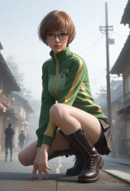 realistic, photorealistic, Expressiveh, score_9, score_8_up, score_7_up, 
chiedef, brown hair, short hair, brown eyes, track jacket, badges, skirt, houndstooth, bike shorts, metal boots, (greaves), knees, glasses,
n1nj4 squat, solo, source_anime, in the fog, silhouette, small Japanese village,