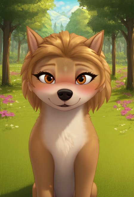 zPDXL, score_9_up, score_8_up,_7_up, score_6_up, score_5_up, score_4_up ,source_furry, best quality, amazing quality, masterpiece, 1girl, looking at viewer, solo, fullbody, cute, blush, cute pose, out doors, forest, trees, field, flowers, kate, wolf girl, golden-brown fur, brown eyes, wolf tail, wolf ears, <lora:Kate:0.8>, whisperfoot, <lora:Whisperfoot:1>, Expressiveh, good_hands, <lora:Expressive_H:0.8>, <lora:Detail_Slider_v1.4_iteration_3:4>, <lora:pony_good_hands:0.8>