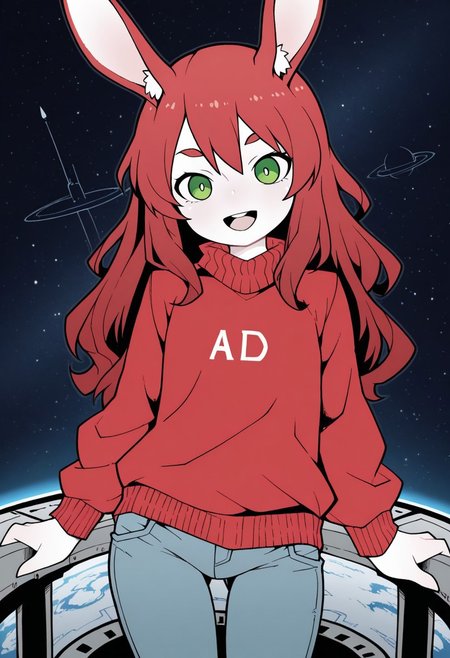 masterpiece,best quality,amazing quality, very aesthetic,rabbit girl,furry,red hair,white rabbit ear,solo,add detailed eyes,green eyes,dressed,happy,long hair,roll-up sweater,jeans,AkablStyle, AkablStyle, flat_color,in a space station, in orbit, scifi , planet,  space, starry sky,