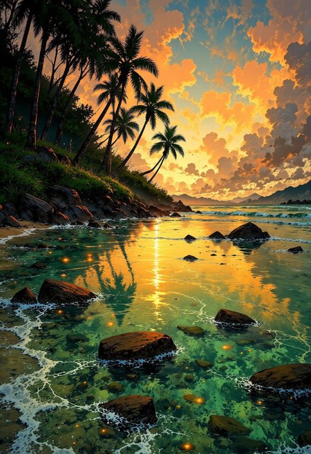 Fiji Island Retreat – Sunset Over the Shallow Reef
"A peaceful Fijian beach at sunset, where the golden light casts a soft glow over the shallow coral reef. The clear water reveals colorful marine life just beneath the surface, shimmering as the sun sets beyond the horizon. Tall palms frame the scene, their leaves rustling softly in the evening breeze."