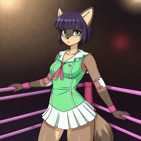 3n4,1girl,solo,furry,furry female,raccoon girl,racoon ears,short hair,black hair,purple hair,blunt bangs,bob cut,green eyes,snout,animal nose,body fur,two-tone fur,racoon tail, wristband, elbow pads, necktie, green shirt, white sailor collar, sleeveless, pleated skirt, white skirt, miniskirt, indoors, wrestling ring