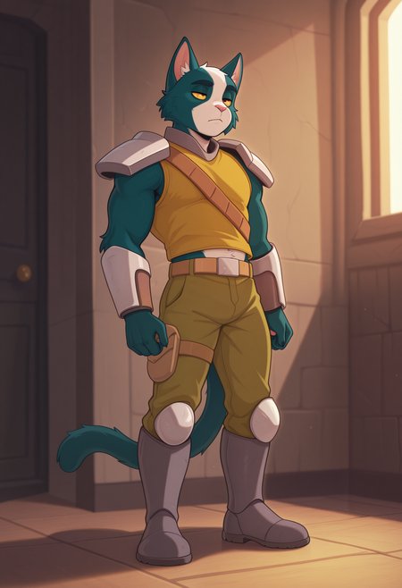 masterpiece, best quality, amazing quality, 1boy, solo, AvocatoFS, Colored Sclera, Yellow shirt, sash, pants, armor, boots