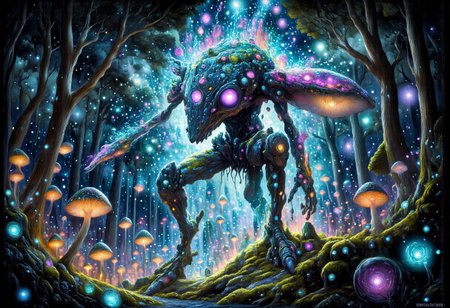 In the heart of an ancient, mystical forest, bathed in the eerie glow of a moon concealed behind thick, swirling clouds, strides a colossal translucent at-st Scout Walker. Its massive mechanical legs thunder across the moss-covered ground as it moves effortlessly through the landscape, its transparent body nearly vanishing in the vast expanse of stars above. The walkers form is translucent, barely visible against the endless cosmic canvas, with starlight piercing through its ethereal silhouette, casting a soft glow from within. The faintly shimmering Scout Walker takes on hues of deep blue and violet, refracting the distant starlight as it moves.
Soft, iridescent mushrooms, glowing faintly in deep purple and emerald hues, sprout from the back of the massive beast, casting brief flickers of light that dance across the shadows of the forest floor. Its eyes, luminous and full of ancient wisdom, gleam as they gaze out from the shifting form, reflecting the brilliance of distant galaxies.
The forest around it stretches endlessly, a labyrinth of twisted, ancient trees wrapped in dark, velvety moss, their branches reaching toward the sky like shadowed fingers. Hints of deep turquoise and dark purple swirl in the air, blending into the atmosphere, as though the entire realm is bathed in a palette of deep, enchanted twilight. The walkers silhouette moves gracefully through this dreamlike landscape, a serene giant in the midst of the cosmic night.