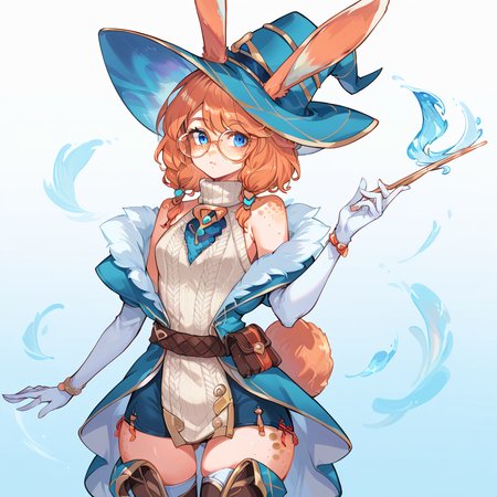 score_9, score_8_up, score_7_up, anime_source, simple background, 
1girl, solo, auroralol, animal ears, blue eyes, glasses, magician hat, bare shoulders, sweater, freckles, thigh boots, rabbit tail, elbow gloves, belt,
<lora:auroralol_pony_v1:0.8>