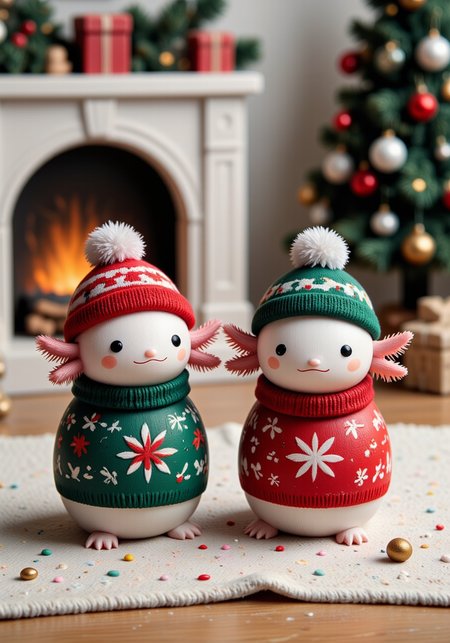 A high-quality, close-up photograph of a ck-owct style hand-painted wooden christmas toy featuring axolotls wearing sweaters with pom pom beanies, they have simple faces and pink frilly gills, fireplace and Christmas tree in background<lora:Axomodel_Flux_V2.safetensors:1.0:1.0> <lora:ck-old-wooden-christmas-toys-000016.safetensors:1:1>