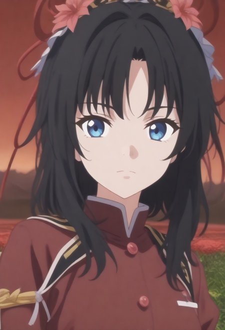 1girl, solo, solo focus, highres, absurdres, shikieiki, 
looking at viewer, head tilt, from side, 
red spider lily, flower field, night sky, red sky, dark, red theme,