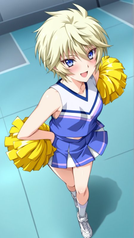 source_anime, general, best quality, masterpiece, 1girl,  <lora:Esther_Elhous_ill_v1.0:1> esther_elhous\(srw\),blue eyes , blonde hair, yellow hair,tsurime, small breasts ,cheerleader, happy, (embarrassed:0.9),  dynamic pose, dutch angle, full body,
