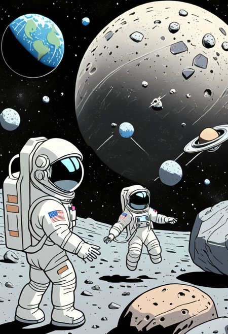 A space station orbiting Earth where astronaut kids encounter friendly aliens exchanging moon rocks and playing zero-gravity tag <lora:Everly_Heights_Comics:1>