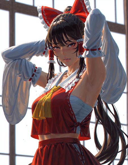 (newest, recent,:1.3), (guweiz, mihifu, bekus), realistic, year_2024, year_2023, year_2022, year_2021,
absurdres, highres, best quality, masterpiece, very aesthetic,
touhou, hakurei reimu, 1girl, armpits, arms behind head, arms up, ascot, blush, bow, breasts, brown eyes, brown hair, detached sleeves, double-parted bangs, fang, frilled hair tubes, frilled shirt collar, frills, hair between eyes, hair bow, hair tubes, half-closed eyes, long hair, long sleeves, looking at viewer, medium breasts, parted lips, ponytail, red bow, red vest, sarashi, simple background, skirt, skirt set, solo, sweat, upper body, very long hair, vest, yellow ascot, indoors, <lora:Artist_style_Void_0:0.7>,
