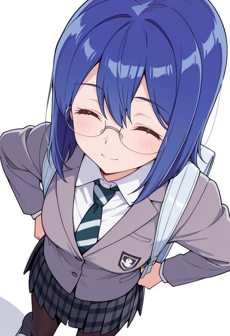 masterpiece,high quality details,absurdres, 
<lora:Mamiya_Kanoko:0.8> 
kanoko_cnr, 1girl, blue hair,medium hair,hair between eyes,
kanoko_s2,collared shirt, grey jacket, striped necktie,plaid skirt, pleated skirt,black pantyhose,glasses, backpack, uwabaki,, simple background, white background, sideways,solo,, ^ ^,