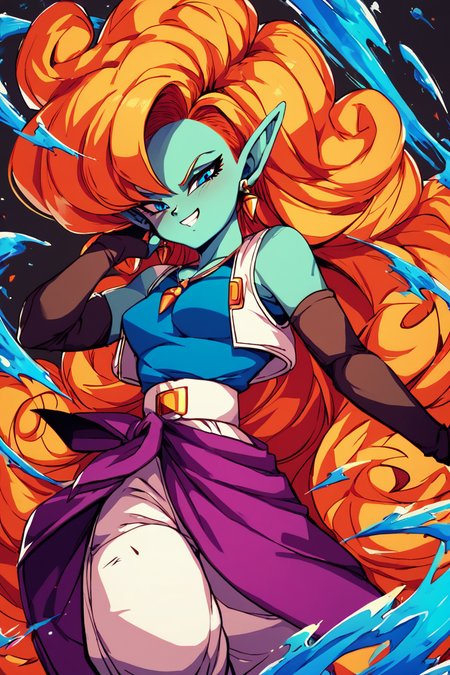 score_9, score_8_up, score_8, medium breasts, (curvy), cute, eyelashes,       BREAK, ,  zZangya, blue eyes, blue skin, pointy ears, orange hair, curly hair, long hair, big hair,  jewelry, necklace, detached sleeves, bare shoulders, vest, gloves, white baggy pants, <lora:Zangya_Dragonball_PDXL:0.8>, , BREAK, smile, looking at viewer, cowboy shot, ,,, embedding:zPDXL, <lora:DiivesP1:0.7>,