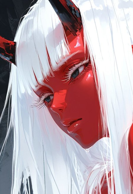 masterpiece, best quality, amazing quality, 1girl, solo, long hair, white hair, black eyes, eyelashes, portrait, close-up, long eyelashes, glossy lips,
wlop, nhl-001, limited palette, realistic 
Aka-Oni, oni, colored skin, red skin, smooth horns, black horns