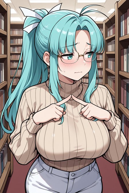 masterpiece, best quality, 1girl, solo,  <lora:gsmia-illu-nvwls-v1-000005:1> m1a, aqua hair, parted bang, high ponytail, long hair, antenna hair, sidelocks, aqua eyes, hair ribbon, beige sweater, turtleneck, white pants, large breasts, half-closed eyes, blush, wavy mouth, avoiding eye contact, looking to the side, glasses, library, index fingers together, ribbed sweater