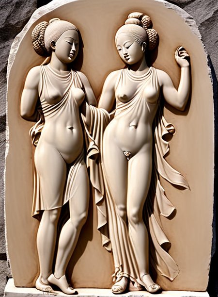 Bas-relief of  young sey wooman in a tunica in front of yingyang <lora:Bas-relief-000004:1>