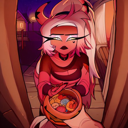 score_9, score_8_up, score_7_up, 1girl, tr1ck0rtr3at, holding, halloween bucket, doorway, door, street background, halloween costume. witch, candies. night, halloween, pov, hand, Verosika apology tour, VerosikaMayday, VerosikaApologytour