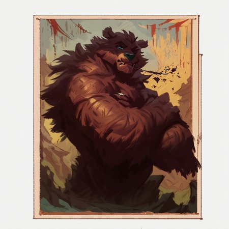 score_9, score_8_up, score_7_up, score_6_u   highland cattle humanoid pdemon bear monster painting, in the style of atmospheric environments, epic landscapes, bold landscapes, dark cyan and red, raw, confrontational figures, brunaille underpainting, concept art