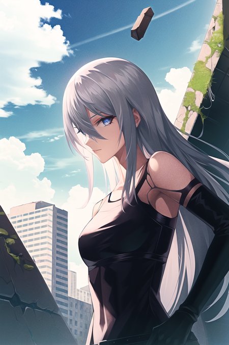 yorha type a no. 2,

close up, upper body, female focus, 

1girl, absurdres,  android, armlet, bare shoulders, black gloves, black tank top, blue eyes, elbow gloves, gloves, hair between eyes, joints, long hair, science fiction, solo, tank top, white hair, 

robot, robot joints, mechanical parts, city, cloud, debris, grass, highres, outdoors, overgrown, post-apocalypse, rubble, ruins

<lora:yorha_type_a_noDOT_2:0.7>