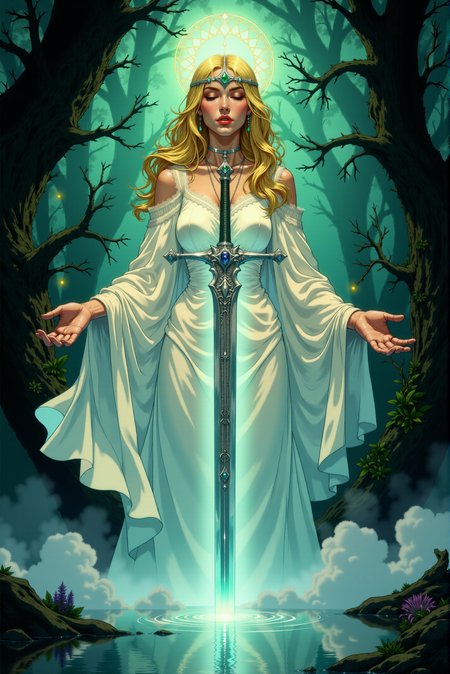 The artwork captures an ethereal, serene figure bathed in soft, magical light amidst an enchanted forest. The woman, an embodiment of grace and divinity, holds a long, gleaming sword horizontally across her open hands, its blade radiating with an inner silver glow that contrasts with the warm tones of her golden skin. She wears a delicate, flowing white gown that appears almost translucent, cascading around her like a wisp of mist, with edges blending into the faint fog surrounding her form. The fabric shimmers faintly, catching glimmers of gold and soft blues from the ambient lighting, adding depth to the folds and texture of her attire. Her face is calm, illuminated by a celestial light emanating from above, highlighting her closed eyes and giving her an expression of peace and solemnity. Her golden-blonde hair flows over her shoulders, woven with a faint, pearlescent sheen, and crowned by an intricate, filigreed circlet of silver that sparkles subtly, catching the dim forest light. The circlet is adorned with tiny jewels of emerald and sapphire, enhancing the regal yet mystical aura surrounding her. The background is a blend of deep greens and blues, representing the dense, shadowy forest. Twisting vines and faintly glowing fireflies dot the scene, adding intricate details and movement to the composition. The mist curls around her feet, blending seamlessly into the still surface of a reflective pool, which mirrors the faint luminescence of her figure. The water ripples gently, refracting muted hues of gold, teal, and violet, amplifying the atmosphere of enchantment. The sword itself is detailed in comic style, with sharp, clean lines and a polished hilt embossed with runic symbols that emit faint golden light. Its edge is razor-sharp, catching subtle reflections of the glowing forest, while droplets of water trickle from its tip, suggesting the sword has just emerged from the serene waters. The shadows and highlights are meticulously rendered, emphasizing the delicate interplay of light and dark, while the tones of the scene shift from cool to warm, offering a balanced and vibrant palette. The overall composition evokes a sense of reverence, magic, and timeless beauty.  <lora:Dark_Gothic_Comic_style_v.2:0.7> DGC style.