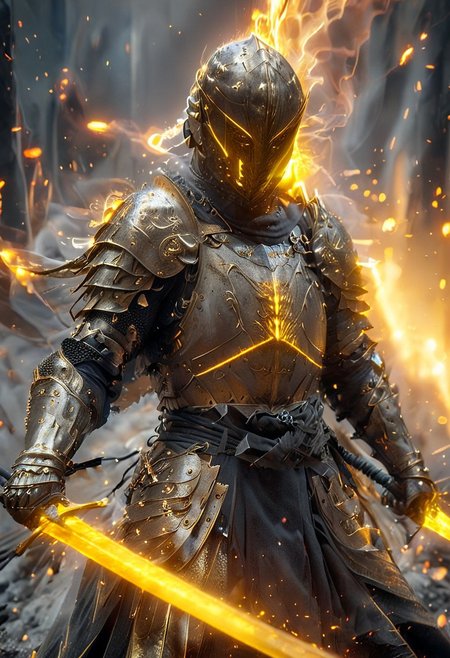 1man, armored samurai in golden samurai armor, wearing samurai helmet and armor,  golden fire, wielding dual swords:1.2, brave perspective, reflection, glowing golden fire, golden lightning shatter, , glowing sword, motion blur, emphasis line, outdoor in the darkness, looking at viewer, katanas