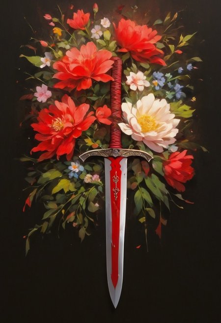 bloodied weapon, flower, sword, petals, no one, black background, red theme, still life