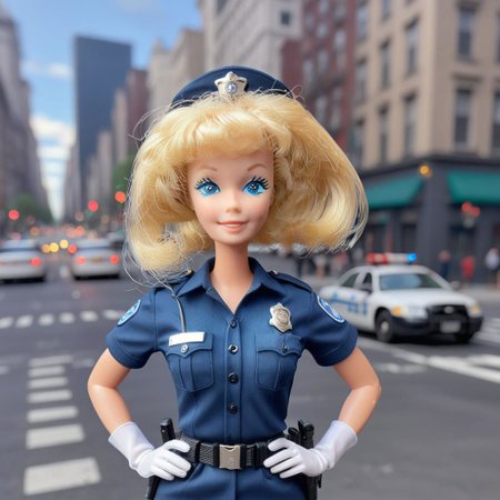 full body shot, <lora:Barbie_Doll_SDXL:1> Barbie wearing a police uniform, standing in the middle of a busy city intersection, directing traffic, whistle, white gloves