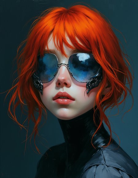 portrait of red-haired teen girl with a cybernetic face made of synthetic leather parts, carbon neck and matte blue details, transparent and translucent minimalistic shapes, gradient background 
Shadow and light, Masterpiece, intricate lines, intriguing atmosphere, sharp magnificent details, delicate features, elaborate details, (2\3 rule composition:0.5), ultra detailed, romantic, Rembrandt lighting, brush stroke, lovely, del1cate_balance style, novuschroma, in the style of Rembrandt. vantablack <lora:style_of_Rembrandt_FLUX_135:.8> <lora:- Flux1 - vanta_black_V2.0:.3> <lora:Delicate_Balance:.3> <lora:neeeg_f1:-1> <lora:113_novuschromaFLX_1:.4>