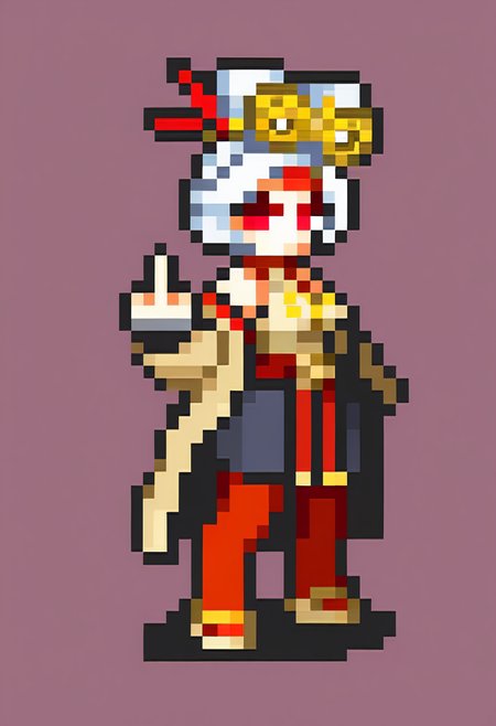 masterpiece, best quality, solo, 1girl,  <lora:FEGBA-Sprites-illus_Fp:1>, simple background, pixel art, full body, purah, middle finger, from side, white hair, red eyes, red glasses, eyewear, coat, off shoulder, sash, black skirt, red leggings