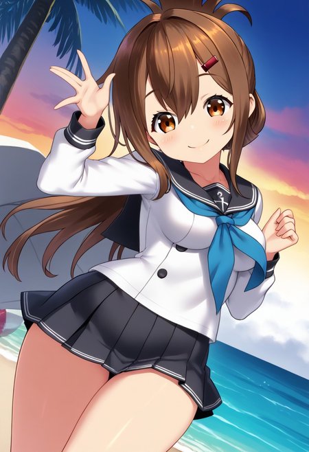score_9,score_8_up,score_7_up,source_anime,anime, (nsfw:1.0), BREAK, 
yapo, 
1girl, inazuma \(kancolle\), (medium breasts), (shortstack:1.2), brown hair, folded ponytail, long hair, brown eyes, (tareme:1.2), 
serafuku, black sailor collar, black mini skirt, long sleeves, neckerchief, sailor collar, 
(smile), 
head tilt, any pose, five fingers, 
(angle:random),  
outdoors, warm light, beach, sunset,