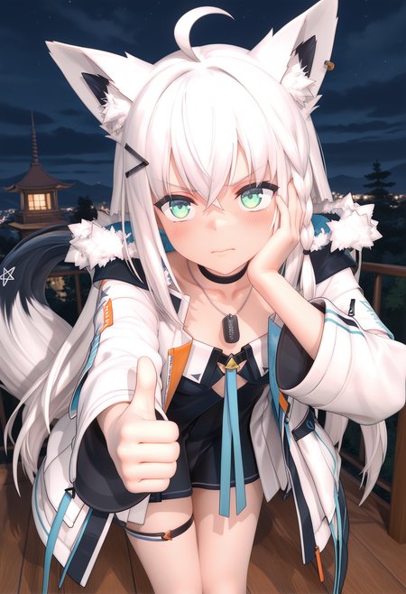 STYLE(comfy++,none) masterpiece, best quality, absurdres, 3d, 1girl, shirakami fubuki \(fubukitek\), hololive, fox girl, fox ears, animal ear fluff, fox tail, hair between eyes, green eyes, white hair, long hair, ahoge, sidelocks, single braid, hairclip, thigh strap, white jacket, fur-trimmed jacket, open jacket, black dress, black choker, virtual youtuber, dog tags, pentagram,  angry, looking up, hand on own cheek, thumbs up, outstretched arm, facing ahead, (leaning forward), fighting stance, legs together, profile, overhead view,  night, pagoda<lora:Tech/spo_sdxl_10ep_4k-data_lora_webui.safetensors:1.0:1.0> <lora:Style/3dblendV2.safetensors:1.0:1.0>