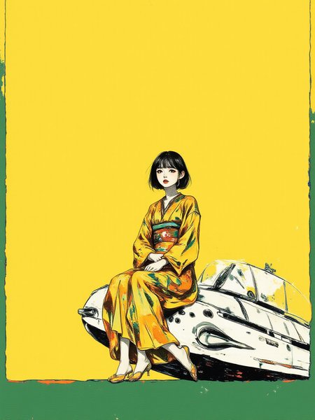 An illustrated image of a woman in traditional Japanese attire sitting on the roof of a spaceship.  background is amber yellow <lora:Midjourney_Whisper_BrushPulse_v01:0.7>, border is matcha green <lora:inkedgemono-simple_epoch-08:0.9> 1NK3D63SIM <lora:Midjourney_Whisper_Minimal:0.9>
| no deformed hands, no too many limbs, no too many fingers,
