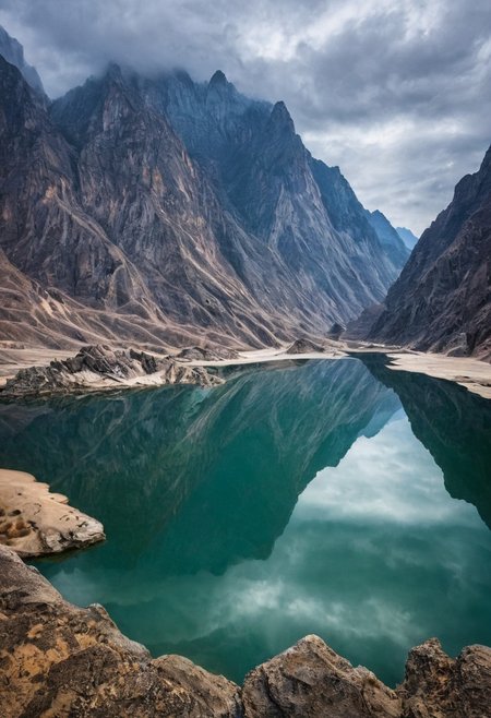 mirror reflection.
majestic scene of the dragon river, china, huge sharp edge mountains, clouds, neat image.