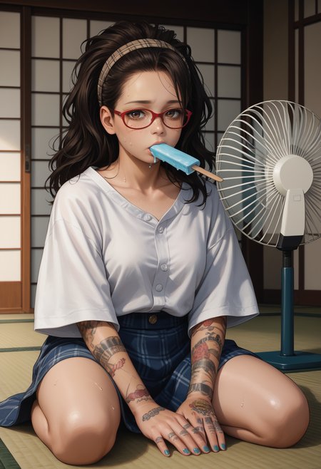 score_9, score_8_up,score_7_up, source_anime, 1girl, solo, <lora:DMCNC_pdxl_EliPot:1> Ncltt, mature female, 
black hair, long hair, brown eyes, glasses, red-framed eyewear, plaid hairband, freckles, 
arm tattoo, hand tattoo, nail polish, 
 white shirt, shirt only, buttoned shirt, collarbone, oversized clothes, oversized shirt, sweating, sweat, tired, sitting, wariza, legs apart, kneeling, eating, popsicle, electric fan, wind, indoors, eastern architecture, tatami,