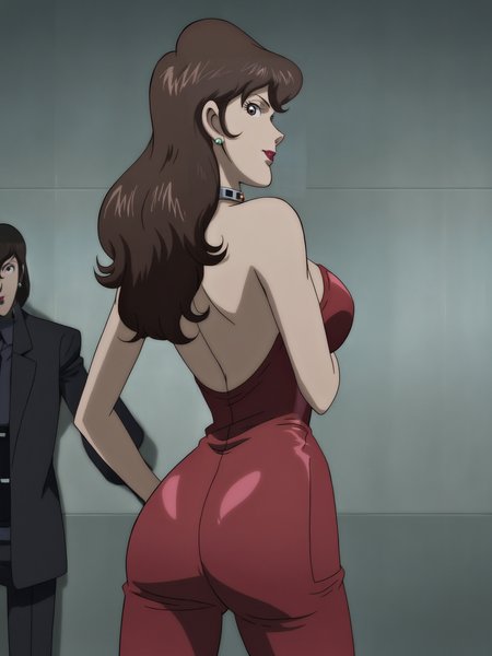 1girl, standing, looking back at viewer, uncensored, score 9 up, score 8 up,
 <lora:Lupin_the_3rd_Vs_Detective_Conan_Fujiko_Mine_Character_PonyXL:1>,fujiko_conan, brown hair, makeup, lipstick, long hair, 1girl, red lips, brown eyes, jewelry, earrings, cleavage, collarbone, large breasts, suit, choker,