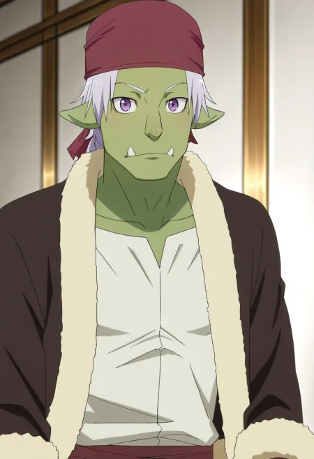 masterpiece, best quality, , anime screencap, anime coloring, official style, looking at viewer, 1boy, solo, male focus, <lora:rigur_tensura_ilxl:1>, rigur_tensura, grey hair, purple eyes, pointy ears, colored skin, green skin, goblin, bandana, tusks, ponytail,
