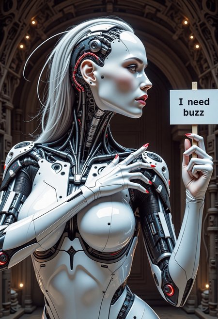 CyborgFusion, portrait, octane render, robot, it is Exotic, Overdetailed art, Vaporpunk, Low shutter, contemporary, fine detail, unique, complex artistic color composition, magnificent, complimentary colors, atmosphere, human eyes and lips, deep rich colors, illustrious, dynamic composition, sensual, wet, expressive look, no hair, white ceramic surfaces, looking to the side,in the style of ck-ncr, intricate futuristic network background, warm light, holding a sign in one hand that says "I need buzz", pointing with the finger of her free hand at the sign,