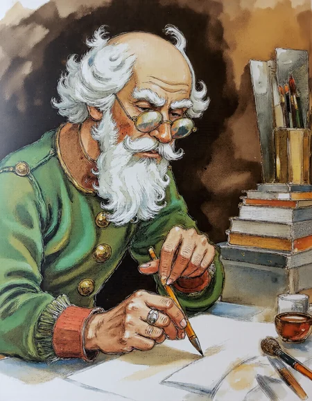 <lora:lv:1>, UHD, 8K, ultra detailed, a cinematic photograph of Rembrandt style, This is a detailed, hand-drawn illustration in a classic, whimsical style, reminiscent of early 20th-century children's book art captures an elderly man with a long, white beard and mustache, wearing large, round glasses and a green, long-sleeved shirt with a red collar. He is seated at a cluttered desk in what appears to be an artist's studio. The man is holding a pencil in his right hand, poised over a sheet of paper, suggesting he is either drawing or sketching. The background is filled with various artistic supplies and materials, including a stack of books, paintbrushes, and a variety of colored papers and canvases. . Baroque, chiaroscuro, realistic, emotional, "flat lighting, beautiful lighting, great composition