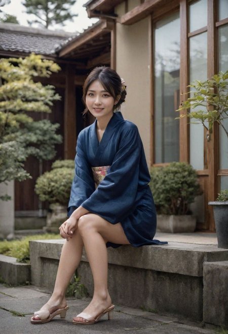 NSFW,(From below:1.643),(dark background:1.3),(white laced small panty close up :1.31),(physical education sitting with holding one knee:1.3),(on low steps by house:1.),(beautiful real texture :1.3),smile face:1,(royal),10k,(real skin texture:1.3),high resolution,(one 32 years old elegant Japanese slender woman wearing in long colored kimono:1.31),(163cm tall:1),(sandals:1.2),(fine wrinkle  :1.),(detailed innocent girls face:1.),(symmetrical eyes:1.1),(black small eyes:1),(small single chignon:1),( at front of Japanese modern house:1.1)