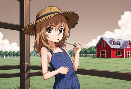 Aisaka_Taiga, 1girl, solo, flat chest, brown_eyes, female, farm, field, farmer, wooden house, working, work clothes, freckles, straw in mouth, straw hat, cowboy