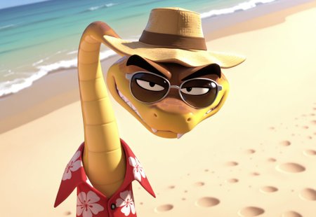 uncensored, masterpiece, best quality, highly detailed, realistic, 1boy, solo, MRSK, furry, feral, scalie, snake, black eyebrows, black eyes, brown body, brown scales, yellow body, yellow scales, two tone body, two tone scales, red hawaiian shirt, tan panama hat, upper body, smile, closed mouth, looking at viewer, beach, outdoors, sand, water, detailed background, narrowed eyes, sharp teeth, high-angle view, dutch angle, three-quarter portrait, long body, (ray ban sunglasses), eyewear