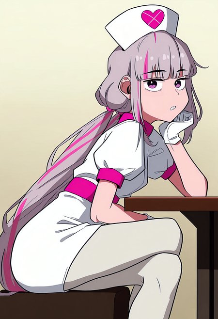 <lora:The_main_character_is_the_villain_-_Manwha_style_LoRA__Illustrious:0.8>,
mag1cal, <lora:MagicalDestroyers:0.8>,
1girl, dot nose, from side, gloves, grey hair, hand on own chin, hat, head rest, long bangs, long hair, looking at viewer, low twintails, multicolored hair, nurse cap, pantyhose, parted lips, pink hair, puffy short sleeves, puffy sleeves, purple eyes, shirt, short sleeves, sidelocks, skirt, solo, streaked hair, teeth, twintails, very long hair, virtual youtuber, white gloves, white pantyhose, white shirt, white skirt, best quality, amazing quality, very aesthetic, absurdres