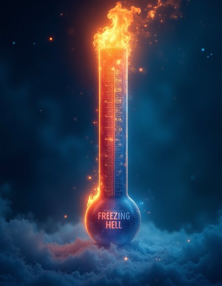 ethereal fantasy concept art of  movie poster with thermometer where on top is fire with text "Too hot" and at the bottom freezing text "Freezing hell" . magnificent, celestial, ethereal, painterly, epic, majestic, magical, fantasy art, cover art, dreamy