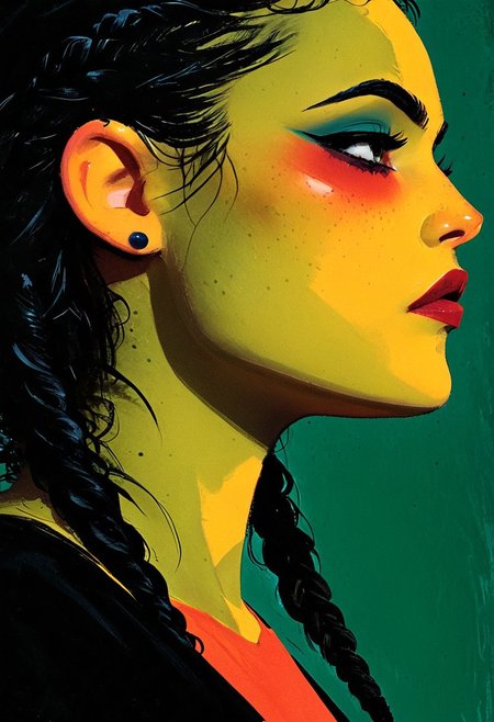 (Masterpiece, Best Quality, Highres:1.4), (dramatic, cinematic:1.2) color wash, ink wash, illustration, storytelling, Rendered in bold, expressive pop-art style with halftone textures, extreme photorealistic close-up  of the profile of a young Dalelands Githyanki rogue Her exquisite face is delicately crafted—porcelain-smooth, with a small nose, prominent cheekbones, dark eyeshadow and olive-green lips. Her natural black hair is tightly braided in badinka style, aidmamj6.1, 3xpr3sgg0th1cn30n1nc4s3, ExpresHGothicNeonIncaseUOC, ExpresHGothicNeonIncase,