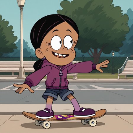 score_9, score_8_up, score_7_up, score_6_up, 1girl,solo,best quality,4k,
dark tan skin, black hair worn in a low ponytail, freckles on her cheeks, two buck teeth,show accurate, perfect anatomy, four fingers,
purple hooded jacket, dark blue jean shorts, and dark purple flats with light pink socks,
skateboarding, public park,