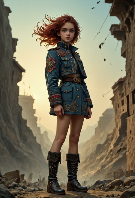 1girl, side view, she is Nausica of the Valley of the Wind, solo, masterpiece, absurdres, best quality, (colorful), cinematic lighting, realistic, dynamic pose, extremely detailed, head turned to look at viewer, red hair, beautiful detailed face,(intricate detailed blue short military jacket with gold inlaid, short miniskirt, military black boots), ((she has an extremely detailed flintlock musket in her hands)), stands alone on top of a crag among the mountains with a deep valley below, there are big stone windmills down in the valley with their blades turning in the strong wind, solo, masterpiece, absurdres,  dynamic pose, the Sun shines over her, sun rays in her hair,subsurface scattering, remarkable color, ultra realistic, textured skin, remarkable detailed pupils, realistic dull skin noise, visible skin detail, skin fuzz, dry skin, bokeh, sharp focus on subject. no headgear,extremely detailed, looking at viewer, beautiful detailed face, subsurface scattering, remarkable color, ultra realistic, textured skin, realistic dull skin noise, visible skin detail, skin fuzz, dry skin, bokeh, sharp focus on subject.