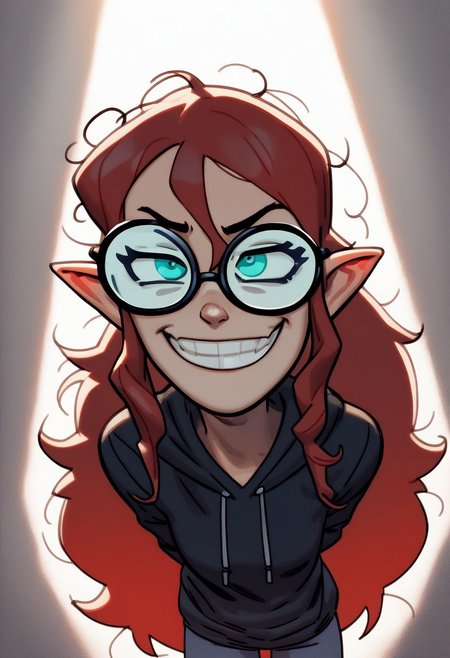 (AdamHughesstyle), score_9, score_8_up, score_7_up, pointy ears, aqua eyes, sidelocks, hair between eyes, messy hair, red hair, curly hair, very long hair, (smug), (sly grin:1.2), (clenched teeth:0.2), round black glasses, glasses, leaning forward, (hands behind back), sweatshirt, dramatic lighting, ((detailed face)), Expressiveh, (grin), high detail, sidelighting, ((backlighting)), shiny skin, glistening skin, glossy skin, oiled skin, cowboy shot, masterpiece, best quality, very aesthetic, absurdres, <lora:Lilith_ClawthorneV1:1>