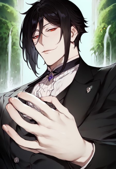 anime artwork, score_9, score_8_up, score_7_up, score_6_up, score_5_up, 1boy, red eyes, garden, fountain, sunny, bliss, fully black hair, black butler outfit, handsome, white gloves, detailed clothing, masterpiece, straight hair, suit,  simple cotton gloves, solo, closer to the face,
 <lora:Floox_Style:1>, , detailed eyes, close up, camera from below, looking down, Sebastian black butler, black butler, Sebastian michaelis, Kurishitsuji, smile, pale skin, handsome man, bowing, kissing Pov hand, pov female hand, bigger eyes, looking at viewer, kissing viewer's hand, anime nose,