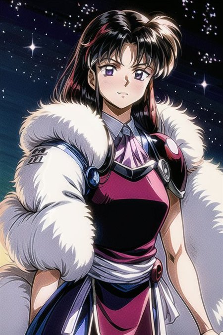 best quality 1girl Setsun4 solo long hair,  (night time) forest background black hair very long hair purple eyes multicolored hair armor, small, (fur trim) (medium body),<lora:EMS-179-EMS:0.800000>,<lora:EMS-293862-EMS:0.800000> bow, hair_bow, hair_tubes, red_bow, brown_hair, long_hair, bangs, ascot, frilled_bow, yellow_ascot, blush, smile, hair_between_eyes, athletic, armor, miko,  Smiling, happy,
